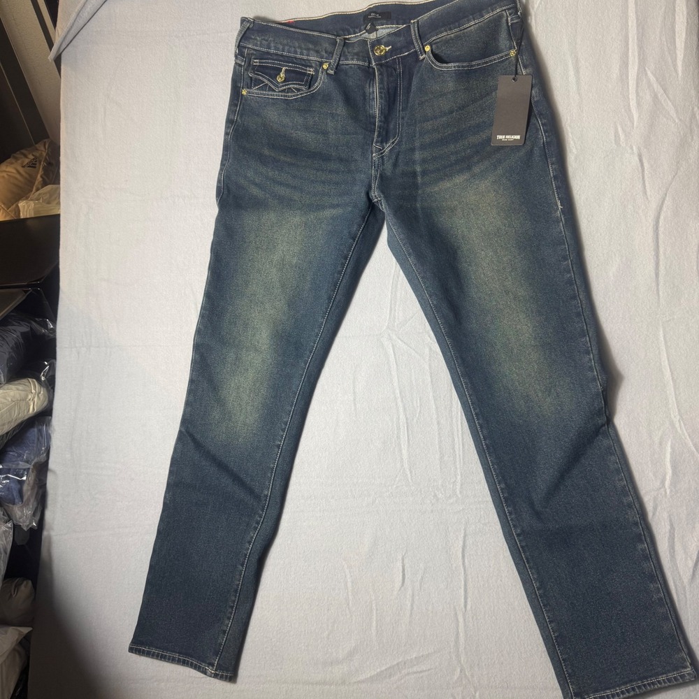 True Religion Geno Relaxed Slim Jeans 34 Medium Amber Nights Studded Flap 700597